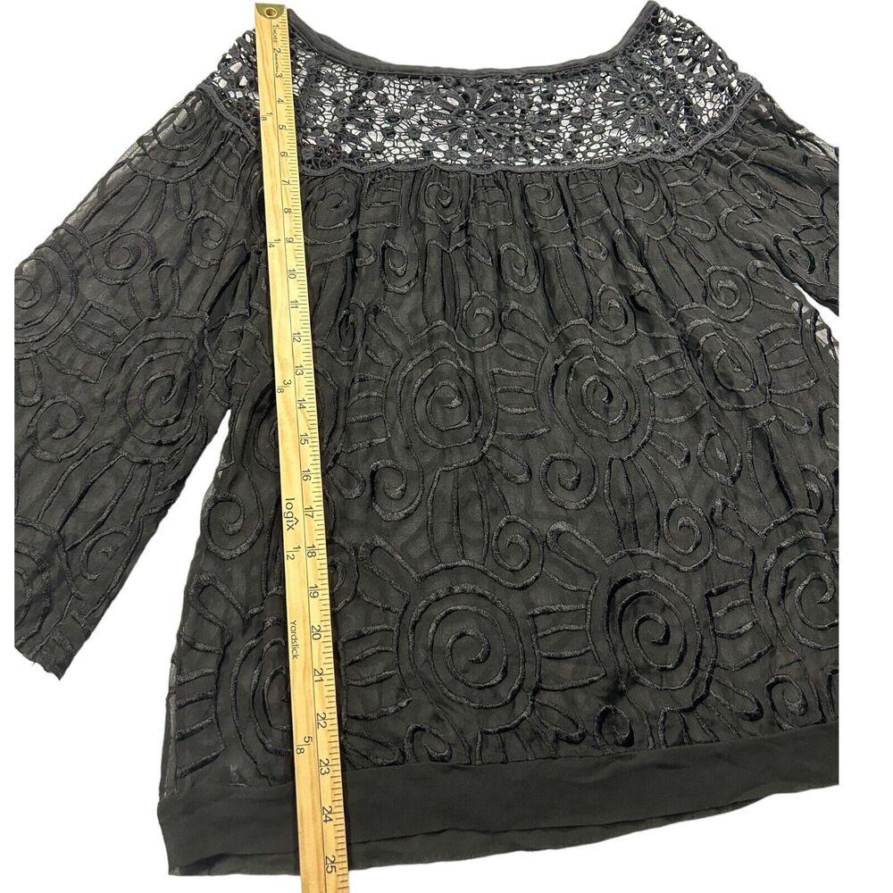 Language Womens Embroidered Tunic Top Lace Yoke 3/4 Sleeve Silk Blend Black Sz S - Picture 8 of 14